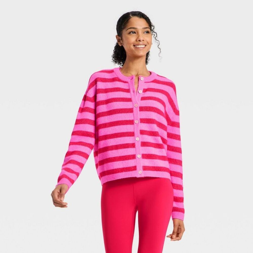 Women's Button-Up Cardigan Sweater - JoyLab Neon Pink/Red Stripe S